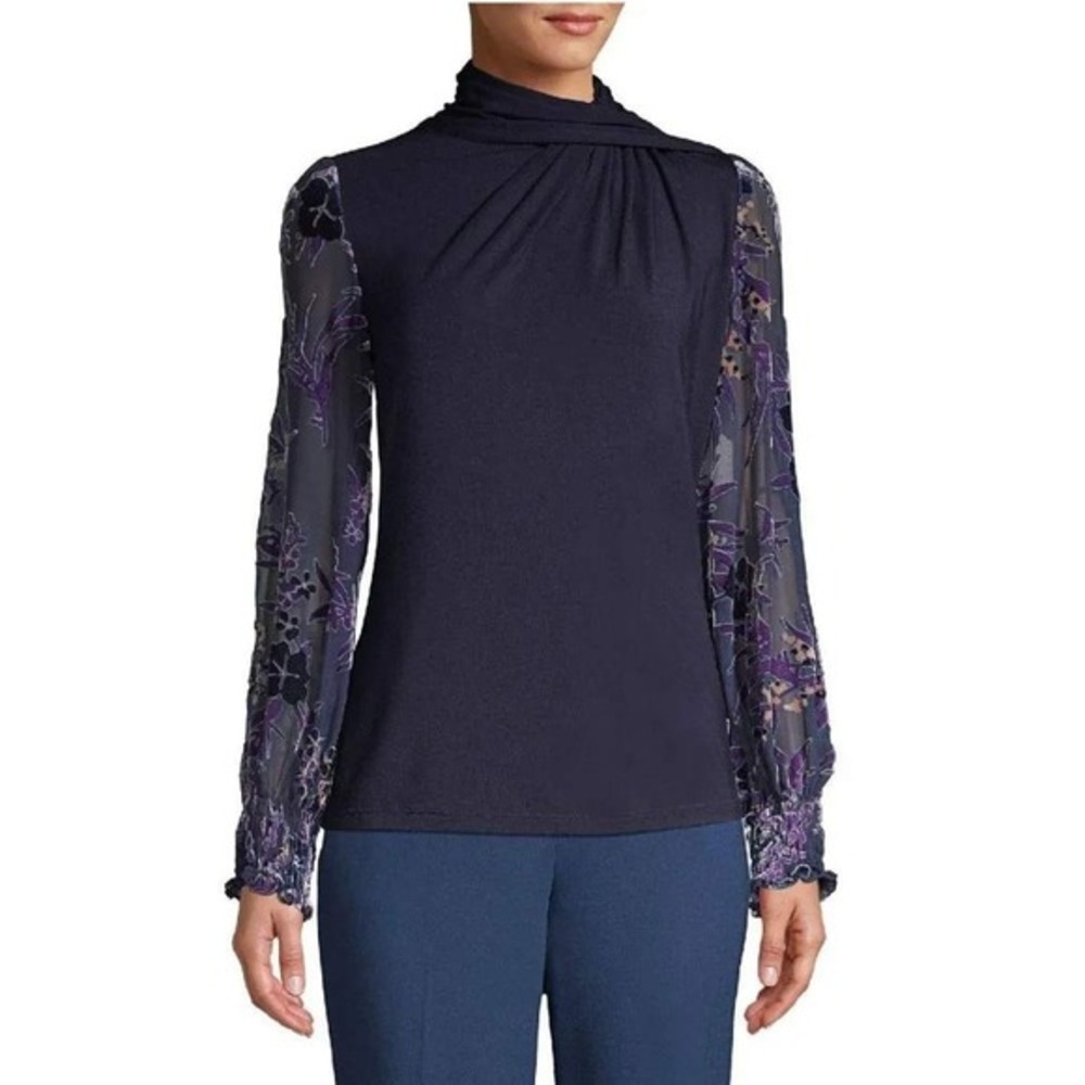Elie Tahari Womens Whimsigoth Dark Romance Silk Carrie Mock-Neck S Purple Top